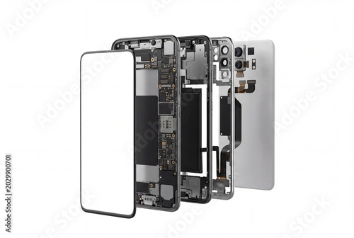Detailed exploded view of a modern smartphone with separated screen, battery, camera and internal components isolated on a white background. Ideal for repair, technology and engineering themes.