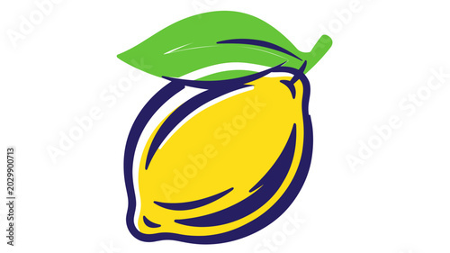 Zesty yellow citrus fruit graphic depicting a ripe lemon with a lush green leaf, perfect for natural food branding, organic produce marketing, and healthy lifestyle visual content.