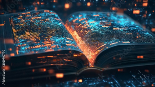 An open book with pages turning into digital data streams, representing the integration of technology and education in AI educational tools.