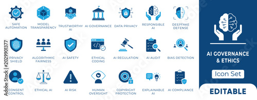 Quadro su tela AI Governance, Ethics & Cybersecurity Solid Vector Icon Set