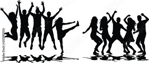 Tableau sur toile Silhouetted group of people dancing in sync on a white background silhouettes da