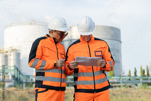 Canvas-taulu Two industrial workers in safety gear review documents outdoors near large storage tanks at a refinery or plant