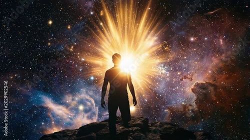 Silhouette of a person on a mountain experiencing a spiritual awakening. A bright light of consciousness shines against a vast cosmic nebula and starry sky