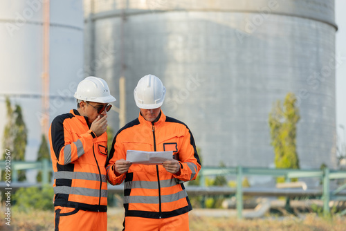 Tableau sur toile Two industrial workers in orange safety uniforms and helmets review documents outdoors near large storage tanks