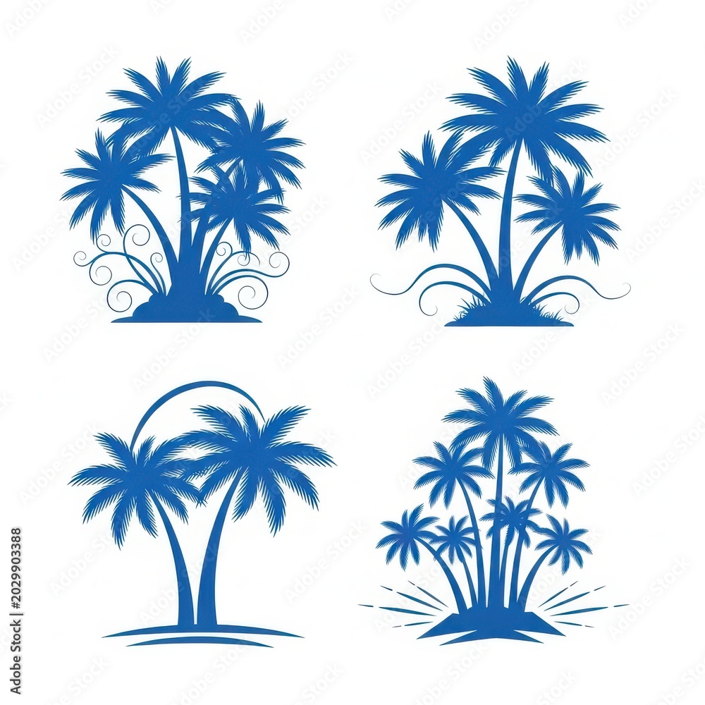 Fototapeta premium Four stylish blue palm tree vector illustrations with decorative swirls