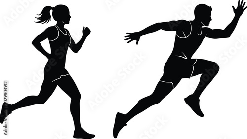 Bild auf Leinwand Male and female runner silhouettes in dynamic sprint action isolated on white ba