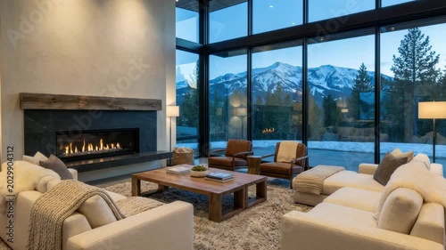 Luxurious modern living room with a cozy burning fireplace and comfortable sofas. Large panoramic windows offer a stunning view of snowy mountains at dusk