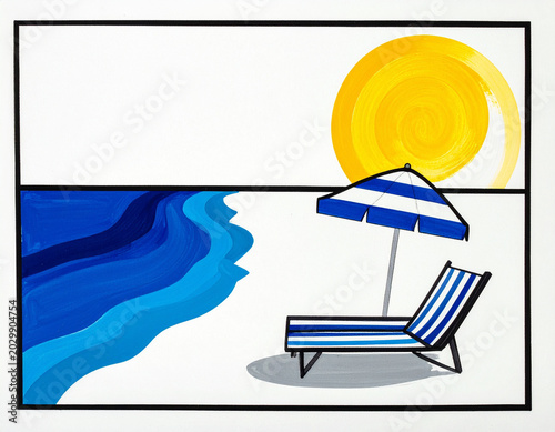 Bright sun and beach chair by the blue water with a striped umbrella in a simple design Generative AI