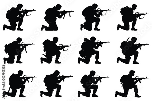 Bild auf Leinwand Soldier silhouettes in various combat poses silhouette