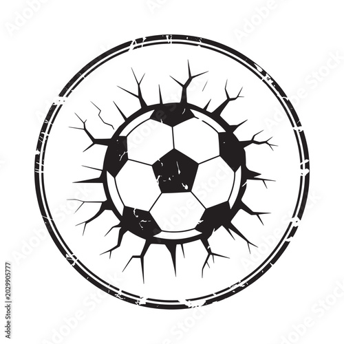 Grunge soccer ball with cracked circle black and white