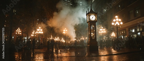 Rain slicks wet pavement under glowing streetlamps