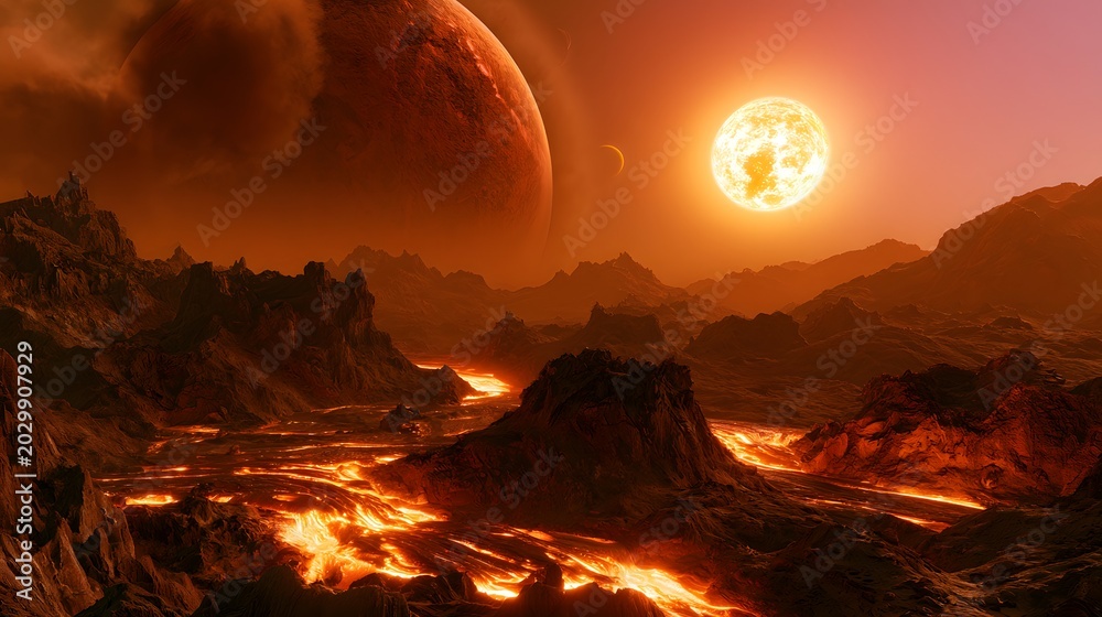 Fototapeta premium Fiery alien world glows with rivers of lava a stark volcanic landscape under an orange sky