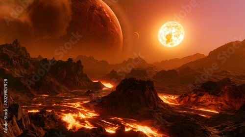 Fiery alien world glows with rivers of lava a stark volcanic landscape under an orange sky