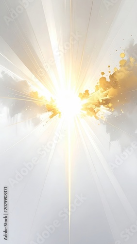 Radiant light bursts from clouds, scattering golden dust and ethereal rays