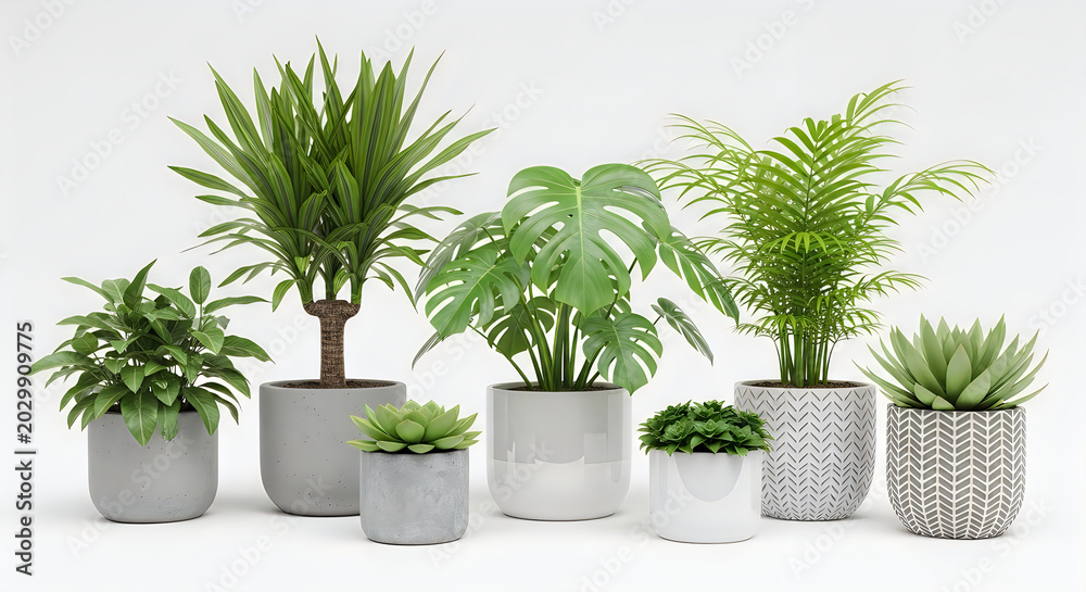 Fototapeta premium Assorted potted indoor plants on white background modern home decor