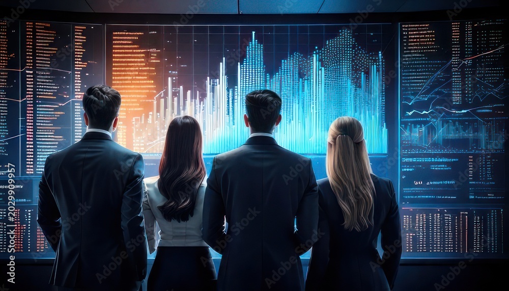 Fototapeta premium Business professionals analyzing financial data on a large screen.
