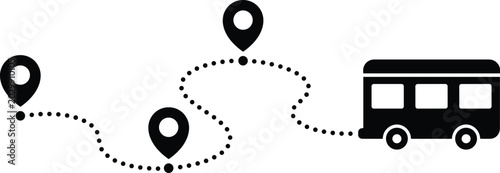 Fotografie Bus route vector illustration with winding dashed line path and map location pin pointers isolated on a white background