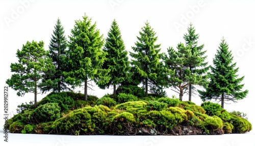 Lush green trees and moss cover a small hill, on a white background