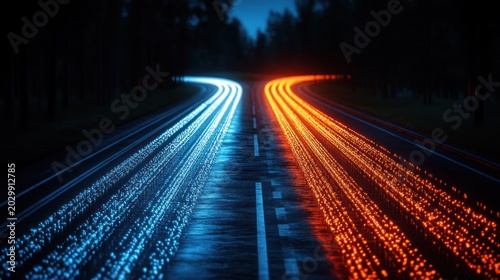 Two roads diverge, lit by contrasting trails of light, in a dark forest