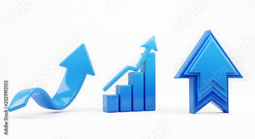 Three blue upward trending arrows with bar graph representing growth and success on white background