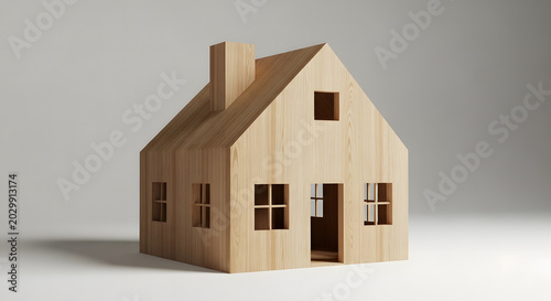 Wooden toy house with chimney and windows on a light gray background