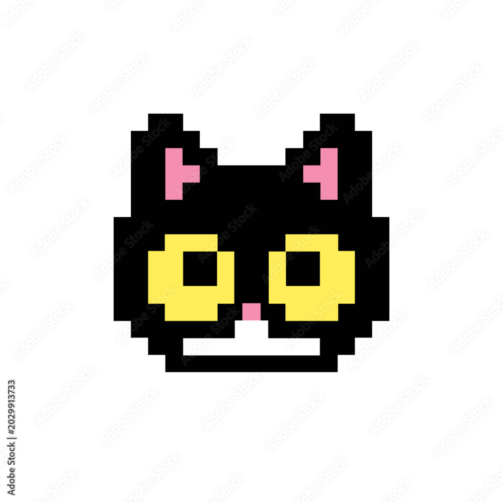 Fototapeta premium Cute pixelated black cat icon with vibrant yellow eyes, a charming digital graphic representation for modern web and game design projects