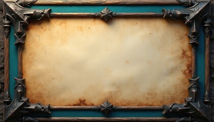 Ornate fantasy frame with weathered parchment center space and dark metal accents. Wooden texture border surrounds teal background. Ideal for game interfaces or decorative borders.