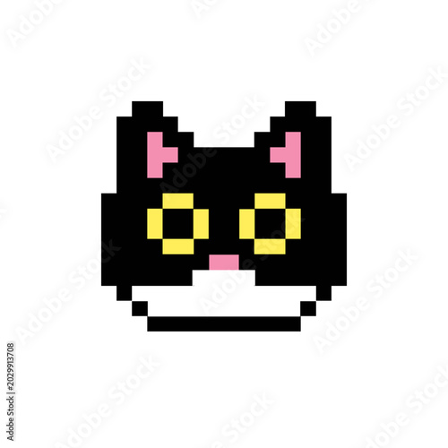 Charming pixelated black cat face icon with bright yellow eyes and pink ears in a playful retro 8-bit digital art style, ideal for gaming themes or nostalgic designs