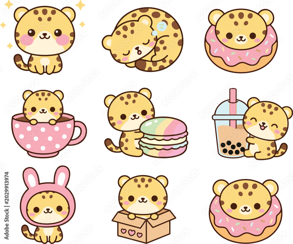 Obraz premium Kawaii Leopard Cartoon Character Collection with Donut Bubble Tea Macaron Cupcake and Cute Animal Sticker Style Illustrations