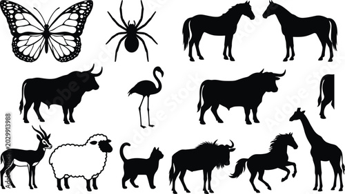 Canvas Print Black animal silhouettes collection featuring a variety of domestic and wild spe