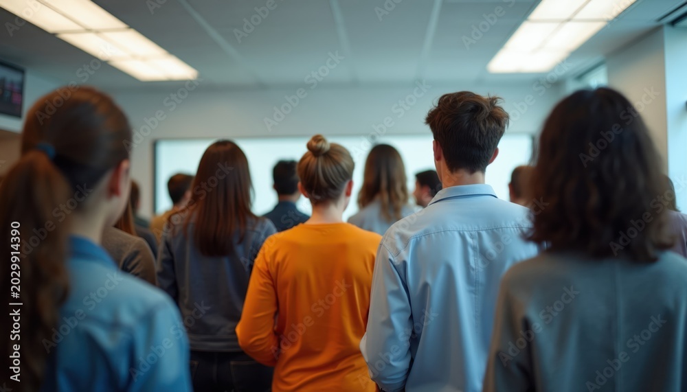 Obraz premium Group of people stand in line inside modern office building hallway. Faceless individuals wait patiently during work day in communal space. Business or education setting.