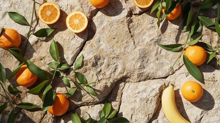Fresh oranges on a natural stone background in warm sunlight, vibrant Mediterranean summer composition with copy space for food branding, seasonal promotions and recipe design
