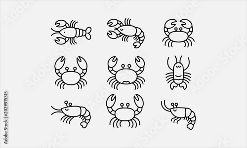 Photography Lobster crab shrimp sea animals naive silhouette line art icon set vector illust
