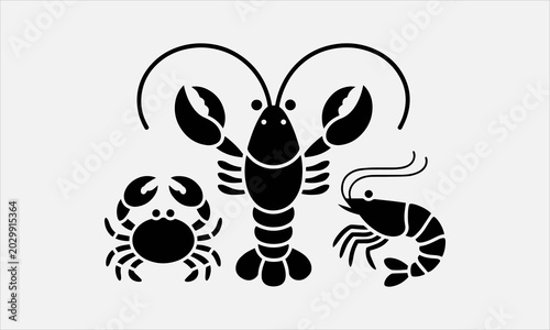 Photography Lobster crab shrimp sea animals naive silhouette line art icon set vector illust