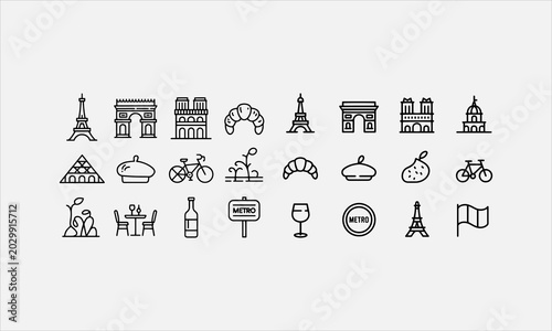Photography Paris travel icons doodle line art icon set vector illustration