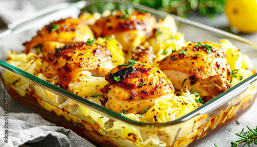 Honey mustard Roasted chicken and cabbage, baking dish, closeup. AI