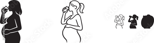 Pregnant woman drinking water icon in outline and solid styles for maternal wellness design.