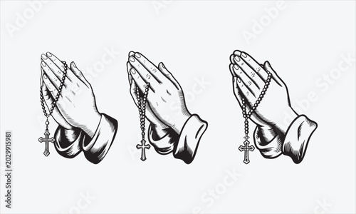 Tableau sur toile Praying woman Hands with rosary cross