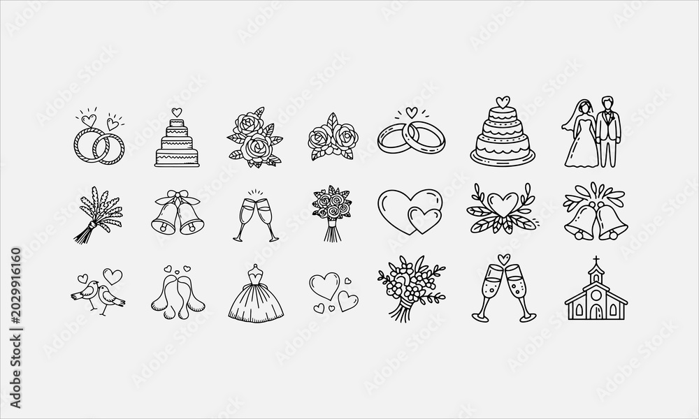 Fototapeta premium Romantic wedding doodle hand drawn line art icon set vector illustration