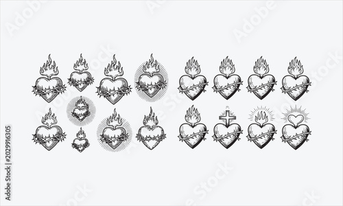 Canvas Print Sacred flaming heart with thorns in vintage engraving style line art icon set ve