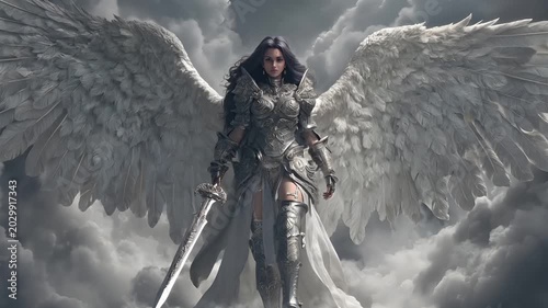 Fantasy wallpaper. A detailed digital artwork depicts an angelic figure with large, white, featherlike wings. The figure wears ornate silver armor with intricate designs and holds a long.