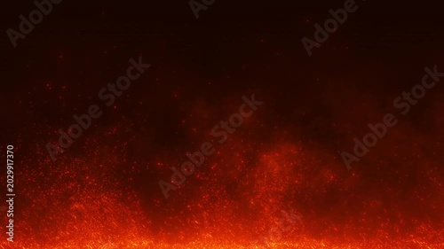 Cinematic red fire particles background with glowing sparks, smoky heat and dark atmosphere, seamless loop for dramatic overlays, fantasy scenes, VFX and motion graphics.