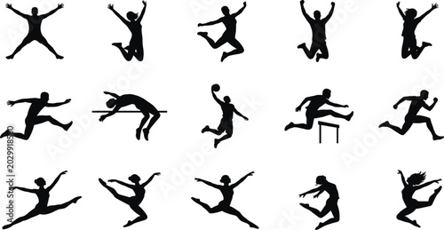 Tableau sur toile Collection of jumping sports people silhouettes featuring athletes practicing hi
