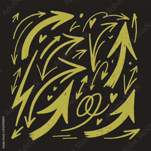 Hand drawn arrow set doodle style on black background