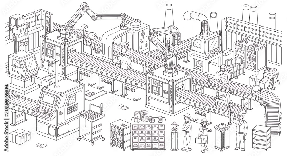 Fototapeta premium An isometric line art illustration of a modern factory floor featuring robotic assembly arms, conveyor belts, machinery, and workers in a production setting.