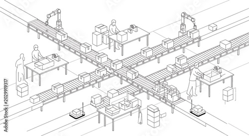 An isometric line art illustration showing a warehouse production line with conveyor belts, robotic arms, human workers, and autonomous mobile robots.
