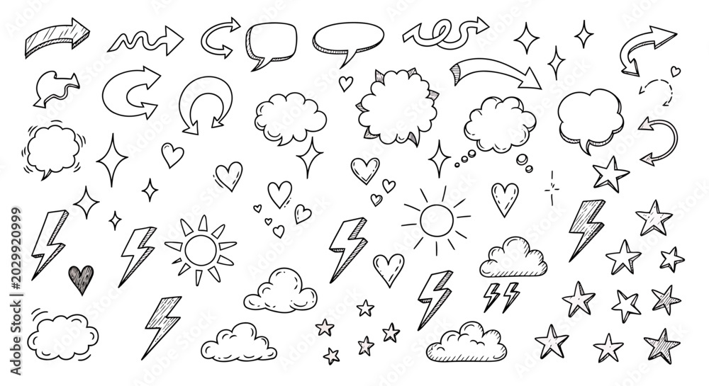 Fototapeta premium Sketches display weather icons and star symbols.