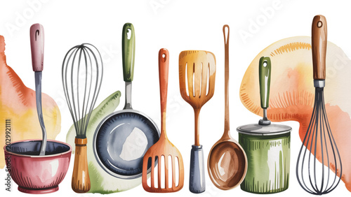 Tableau sur toile Assorted colorful kitchen utensils and cookware on a wooden surface Vector