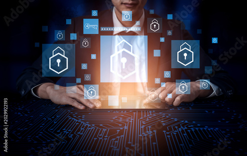 Quadro em tela Businessman with Digital Security Icons, Cybersecurity Concept, Data Protection, Modern Technology, Financial Security, Future Innovations in Software and Networking Haptic
