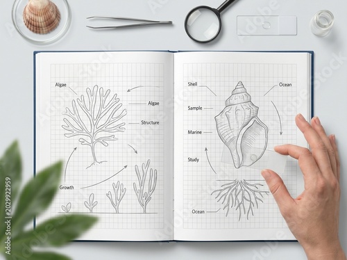 A hand holds an open notebook with detailed illustrations of plants and a shell on a desk with office supplies.